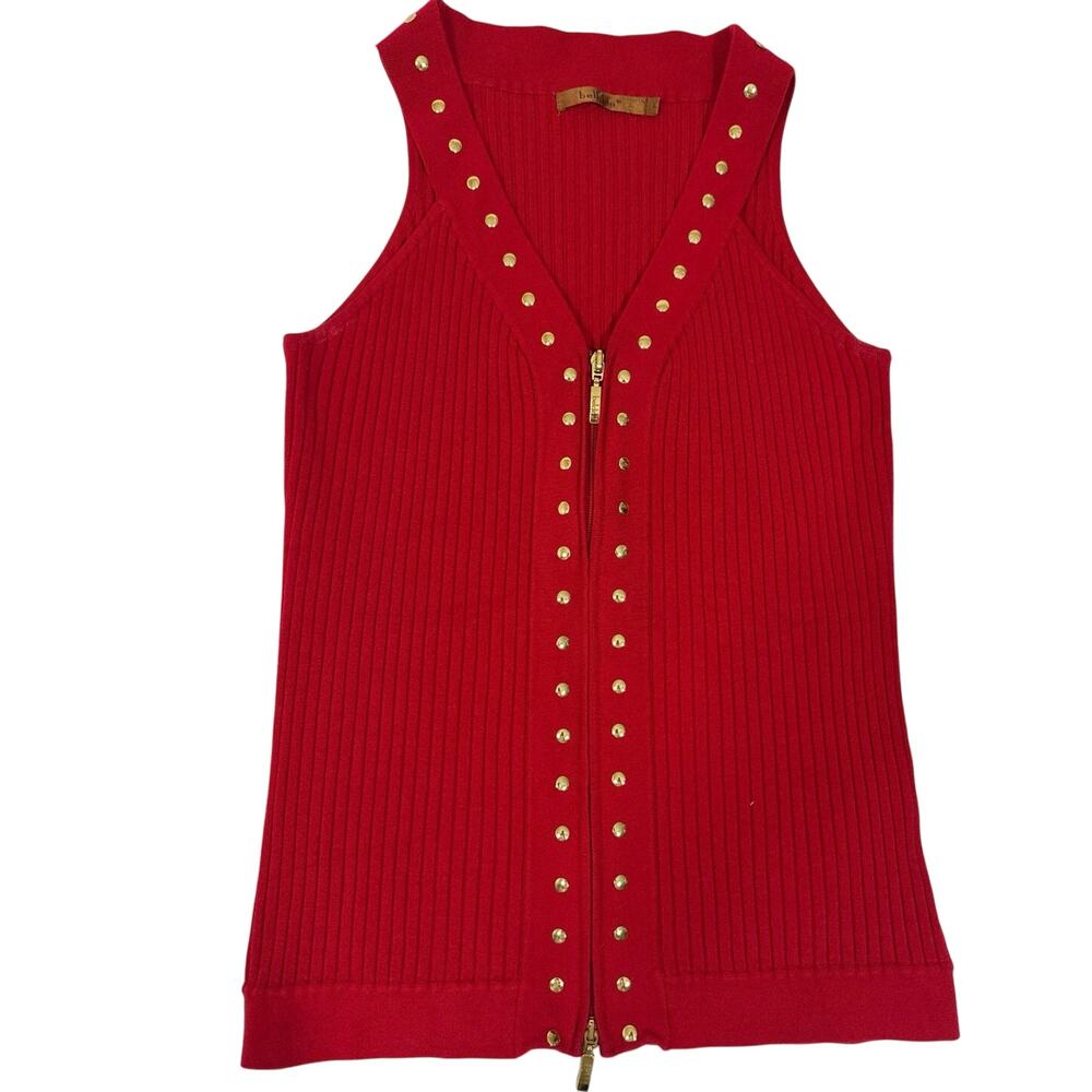 belldini Red sweater very stretchy, ribbed zips up sleeveless Sz Lg see pics